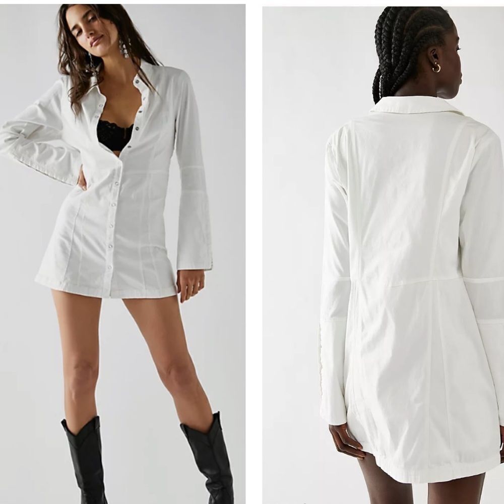 Free People White Button-Front Mini Shirt Dress